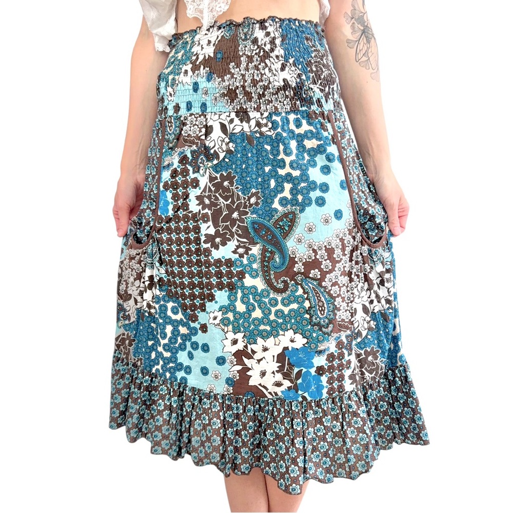 Y2K‎ No Boundaries Patchwork Floral Cotton Smocked Waist Boho Midi Skirt L 11/13